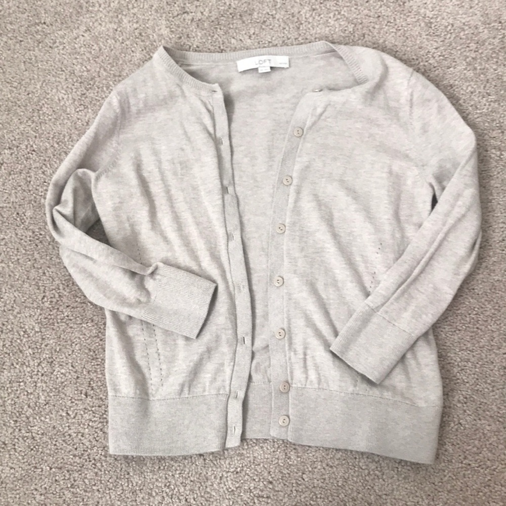 LOFT Tan Cardigan 3/4 Sleeve Classic Cut Sweater